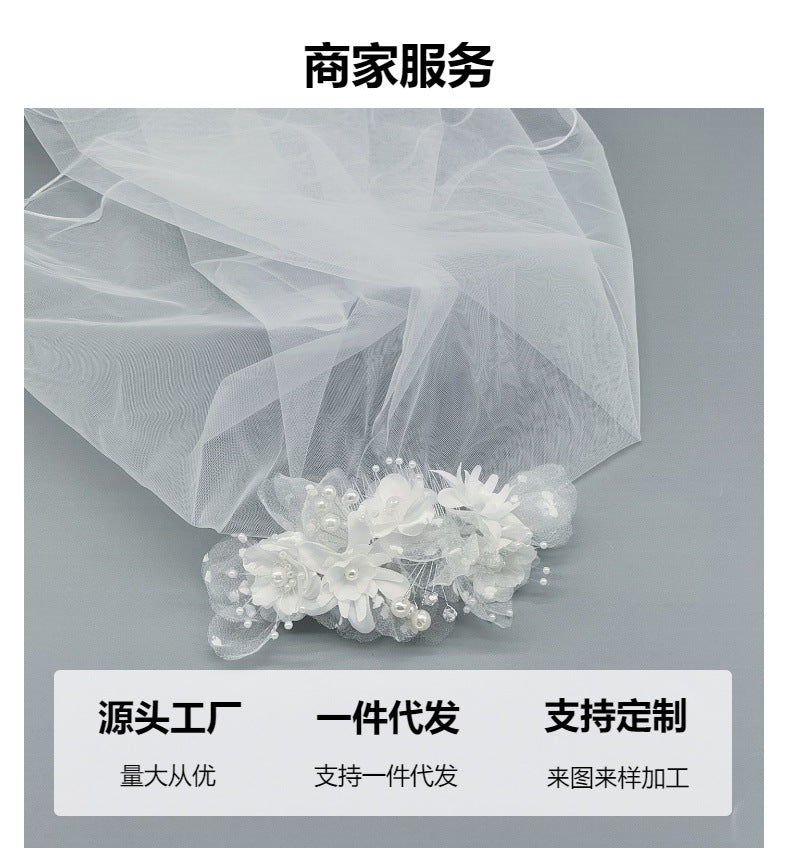 Bride and Bridesmaid White Pearl Overlay Double-Layer Veil Hair Comb Wedding Headdress Party Holiday Mesh Flower Set Hair Accessories