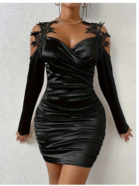 2025 cross-border Europe and the United States spring and autumn new satin elegant lace tight skirt pleated skirt
