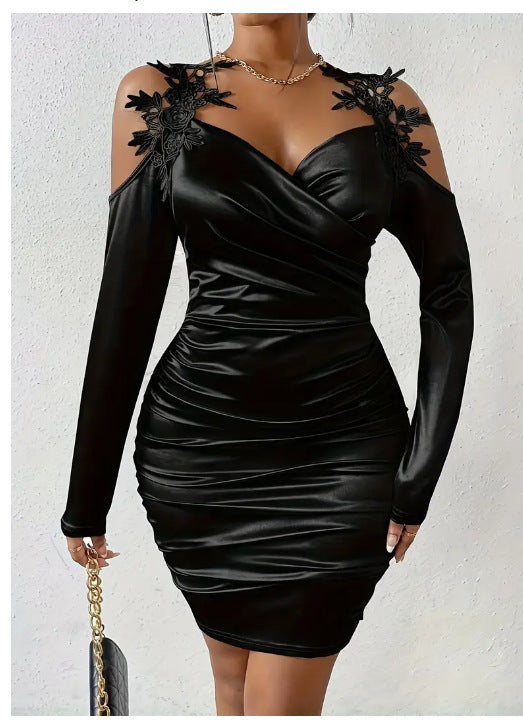 2025 cross-border Europe and the United States spring and autumn new satin elegant lace tight skirt pleated skirt