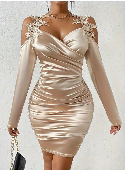 2025 cross-border Europe and the United States spring and autumn new satin elegant lace tight skirt pleated skirt