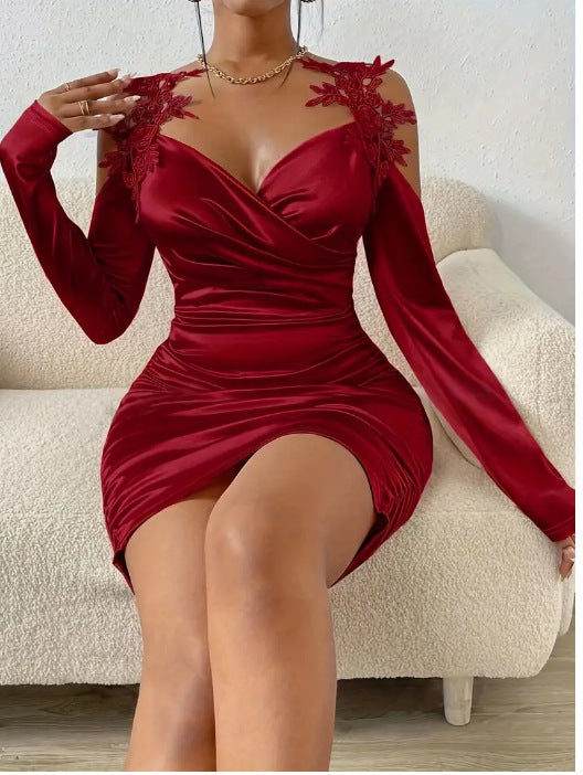 2025 cross-border Europe and the United States spring and autumn new satin elegant lace tight skirt pleated skirt