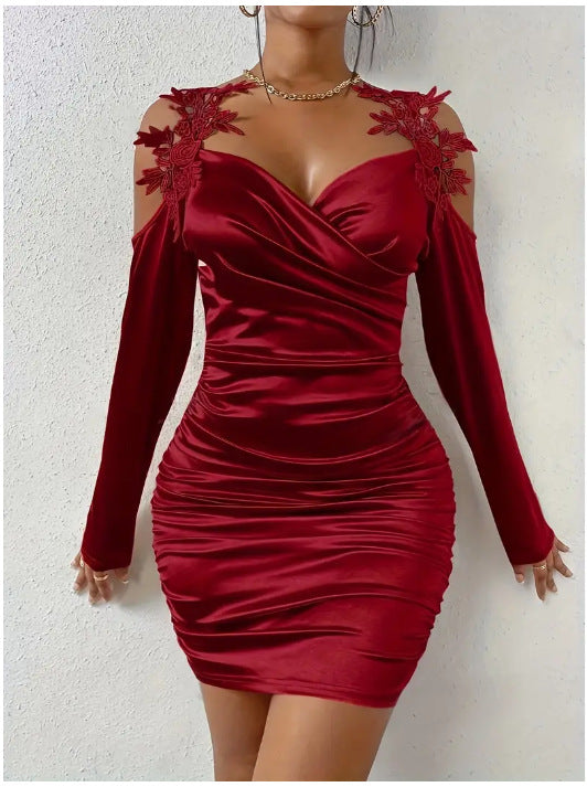 2025 cross-border Europe and the United States spring and autumn new satin elegant lace tight skirt pleated skirt
