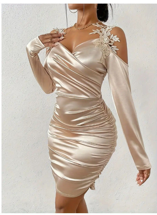 2025 cross-border Europe and the United States spring and autumn new satin elegant lace tight skirt pleated skirt