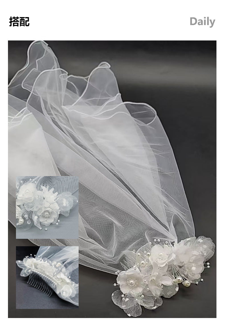 Bride and Bridesmaid White Pearl Overlay Double-Layer Veil Hair Comb Wedding Headdress Party Holiday Mesh Flower Set Hair Accessories